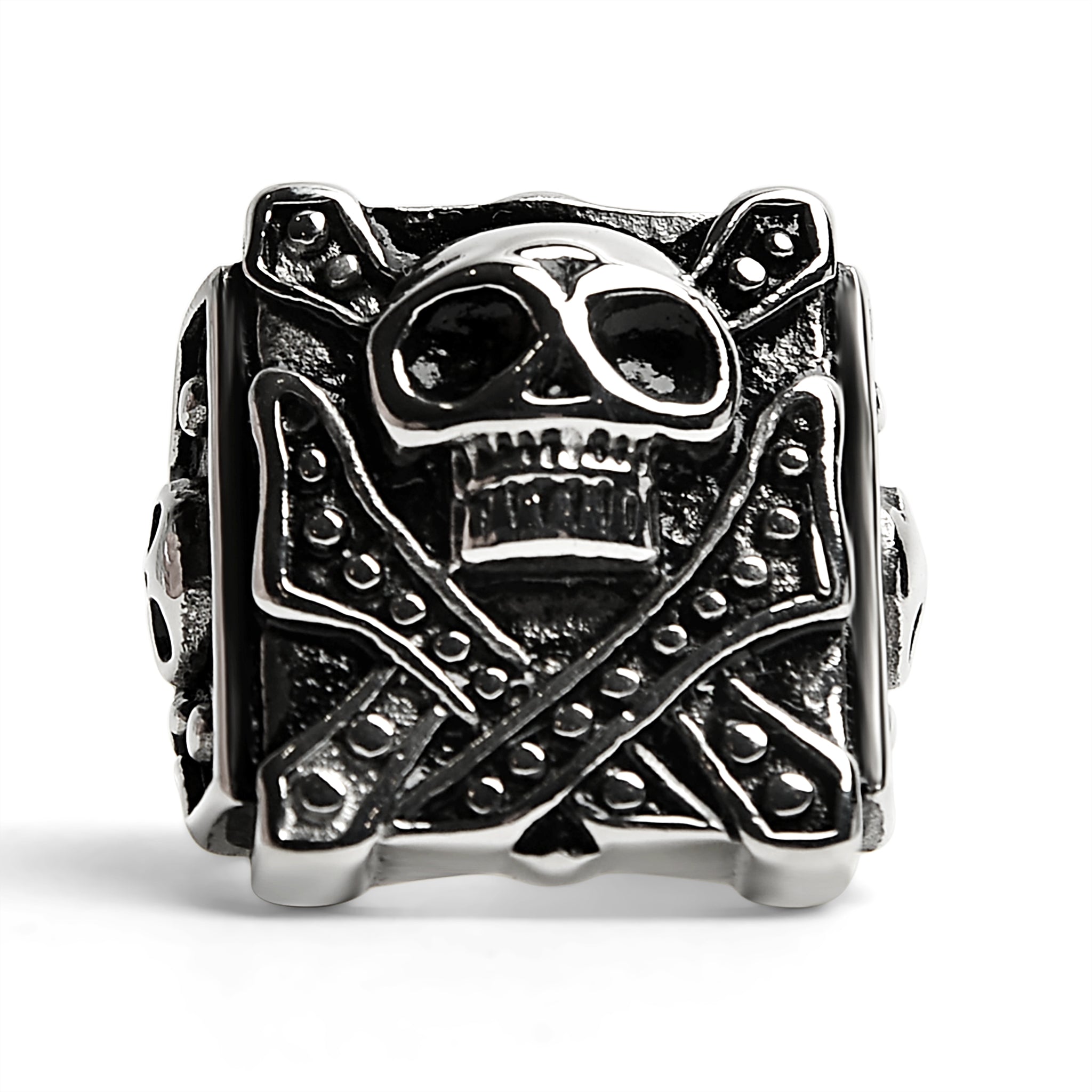 Stainless Steel Polished Studded Skull Signet Ring