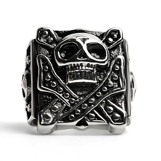 Stainless Steel Polished Studded Skull Signet Ring