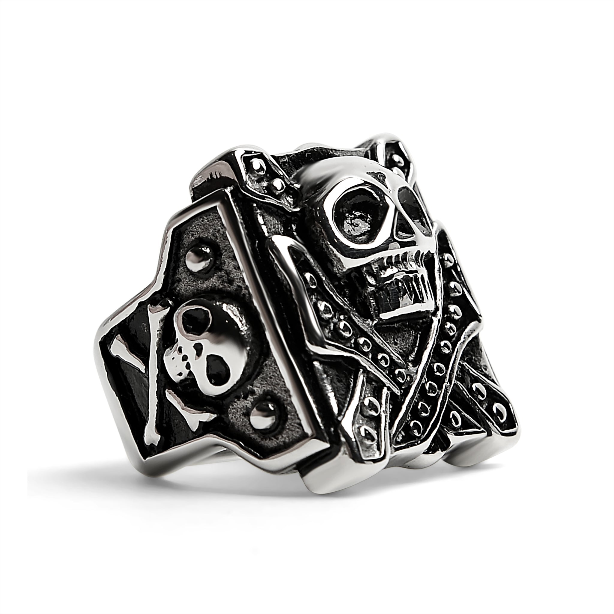Stainless Steel Polished Studded Skull Signet Ring