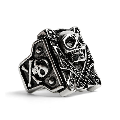 Stainless Steel Polished Studded Skull Signet Ring