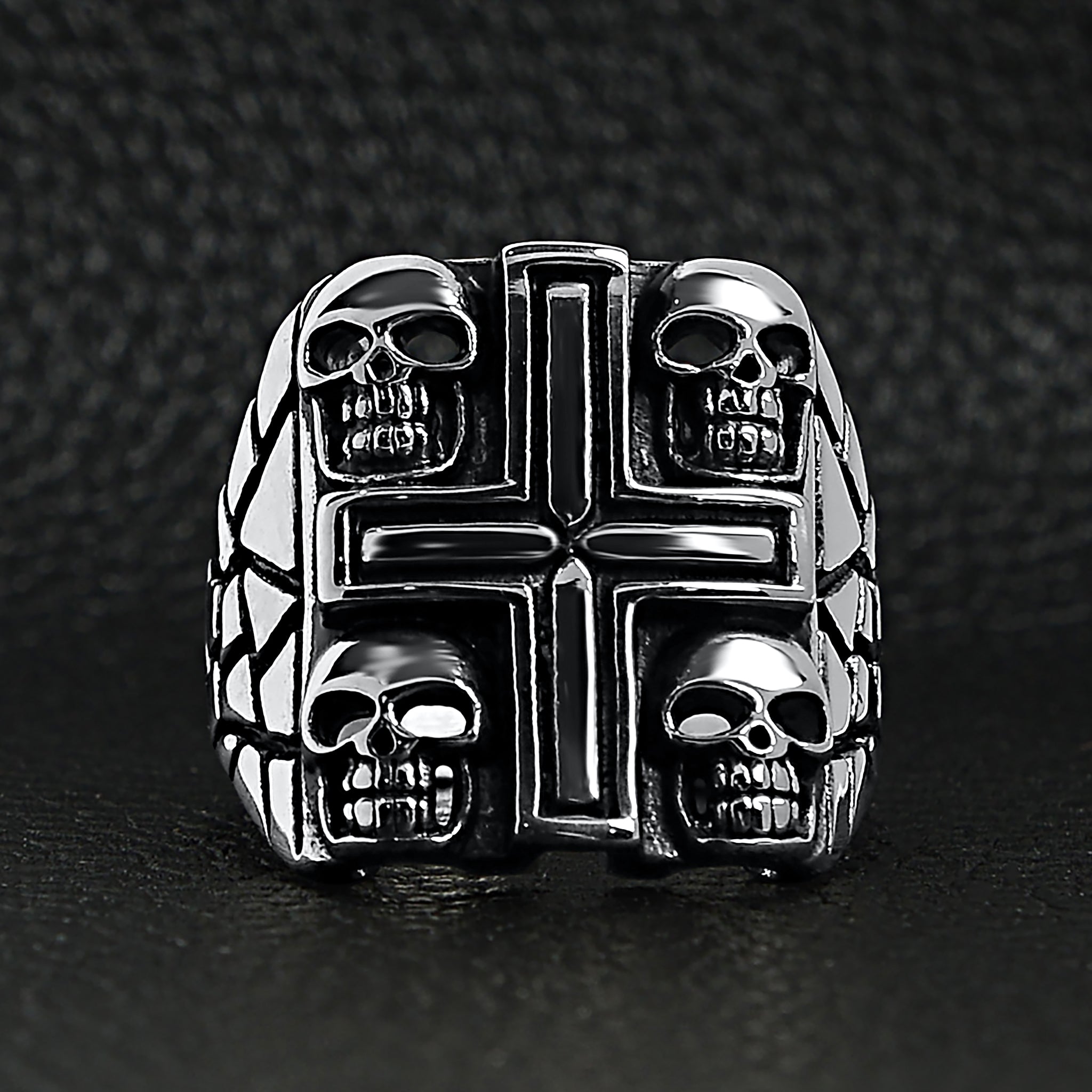 Stainless Steel Polished Multi Skull Cross Signet Ring