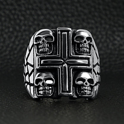 Stainless Steel Polished Multi Skull Cross Signet Ring