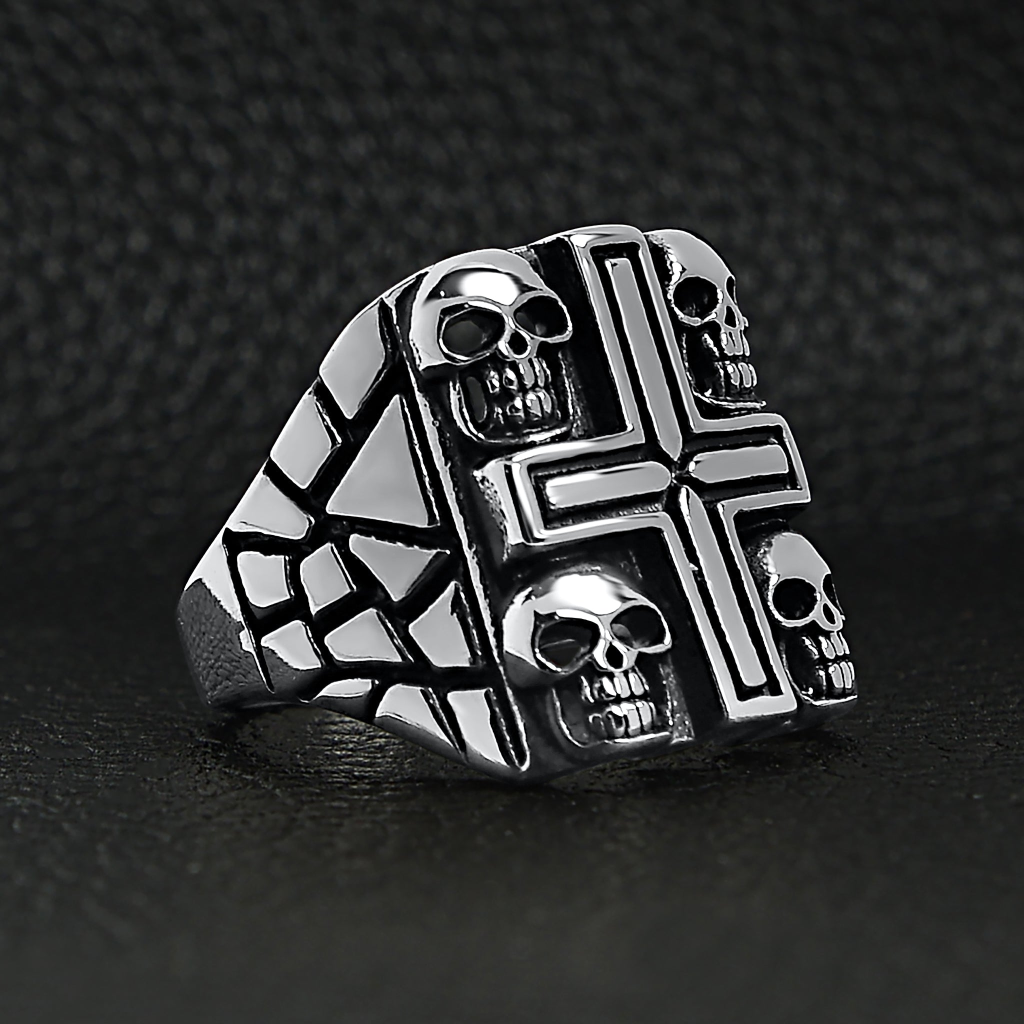 Stainless Steel Polished Multi Skull Cross Signet Ring