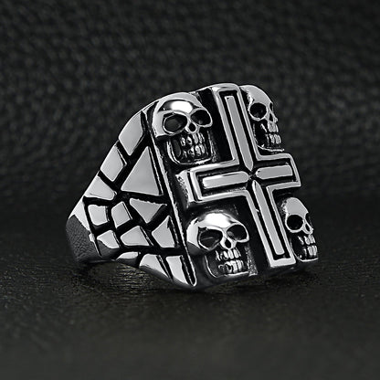 Stainless Steel Polished Multi Skull Cross Signet Ring