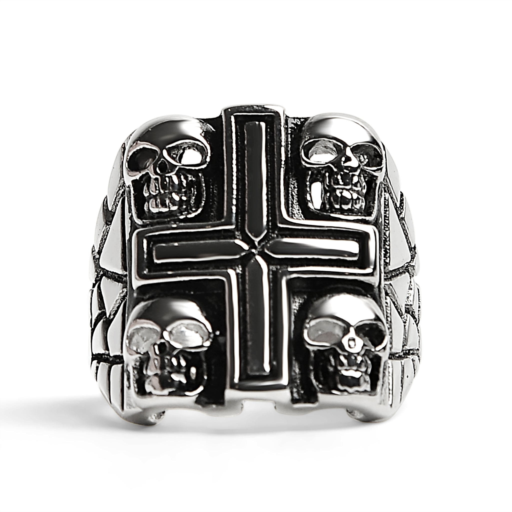 Stainless Steel Polished Multi Skull Cross Signet Ring