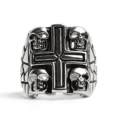 Stainless Steel Polished Multi Skull Cross Signet Ring