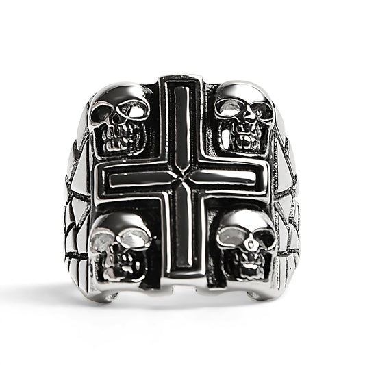 Stainless Steel Polished Multi Skull Cross Signet Ring