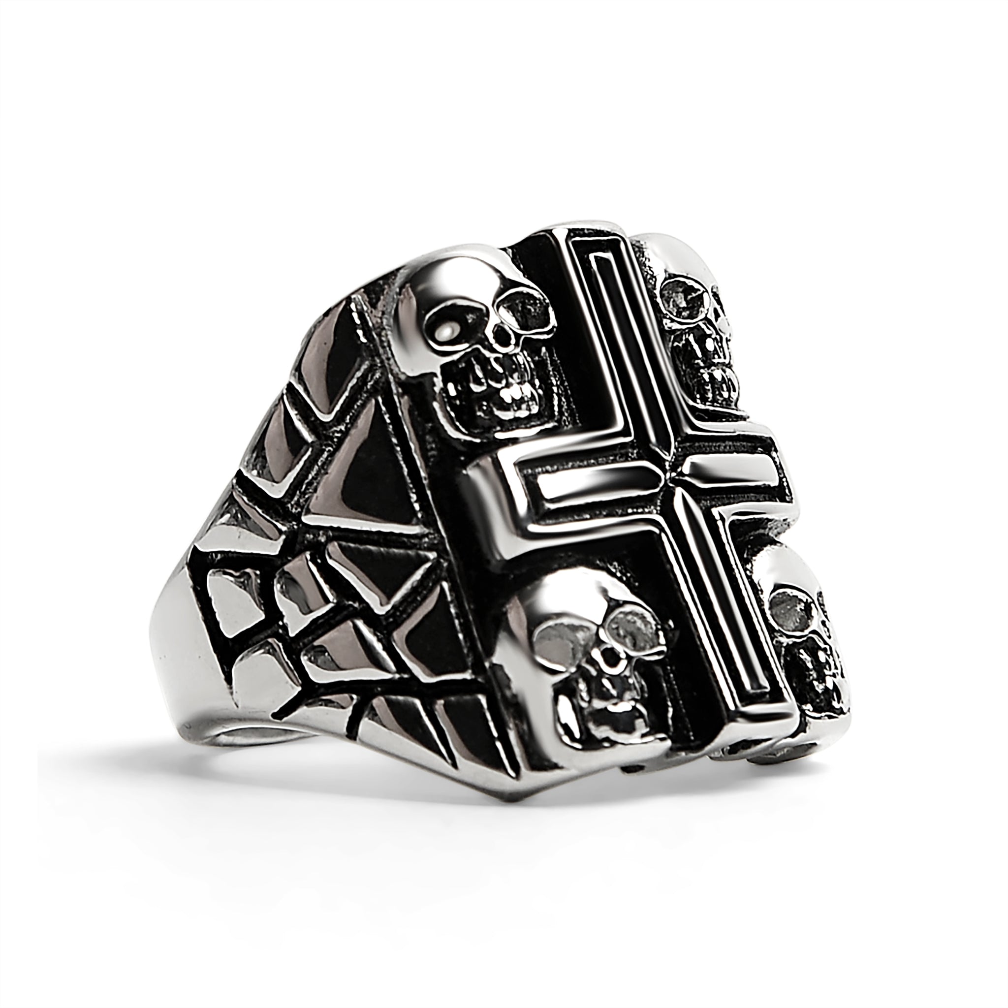 Stainless Steel Polished Multi Skull Cross Signet Ring