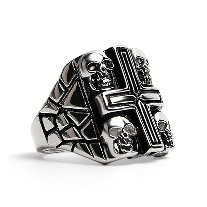 Stainless Steel Polished Multi Skull Cross Signet Ring