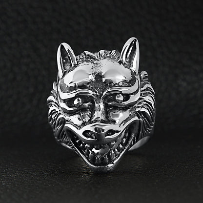 Stainless Steel Polished Snarling Wolf Ring