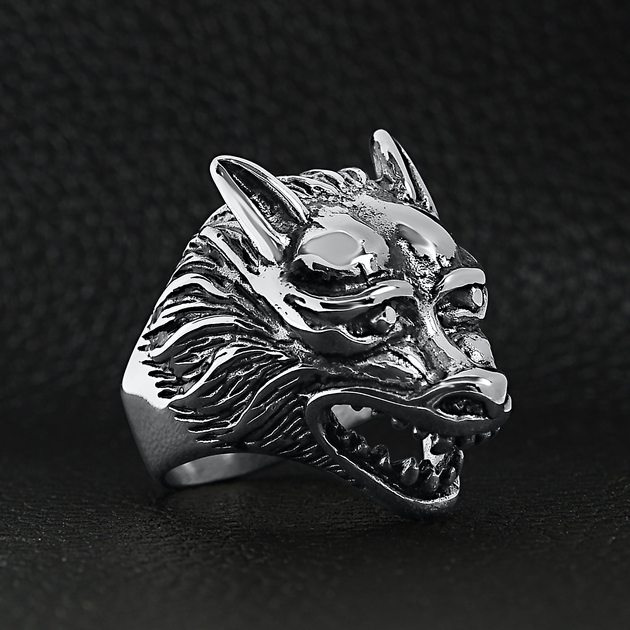 Stainless Steel Polished Snarling Wolf Ring