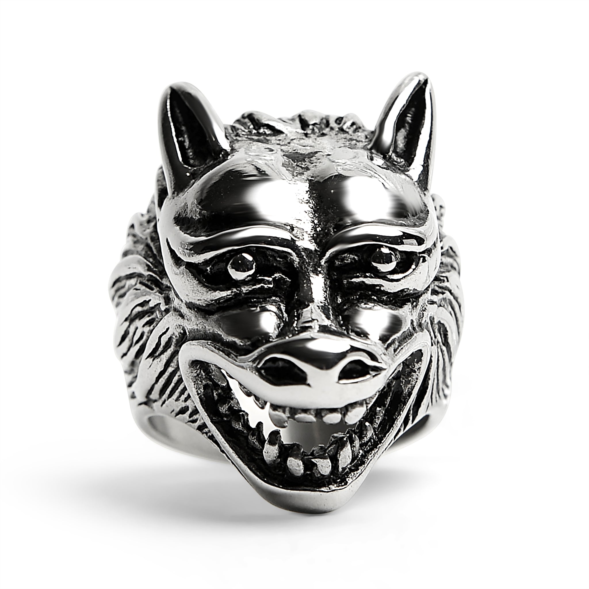Stainless Steel Polished Snarling Wolf Ring