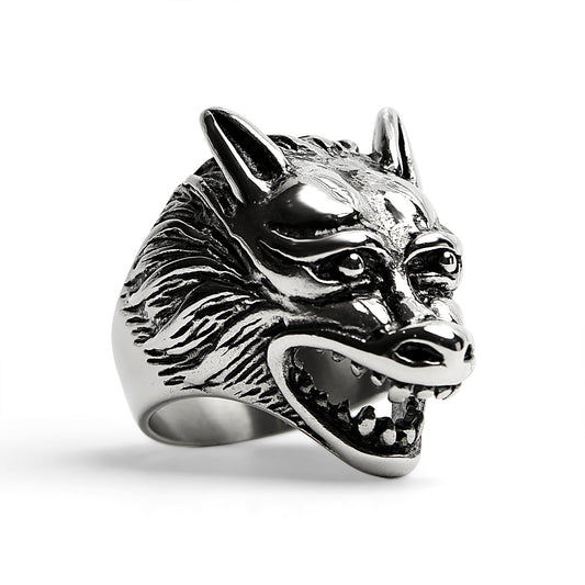 Stainless Steel Polished Snarling Wolf Ring