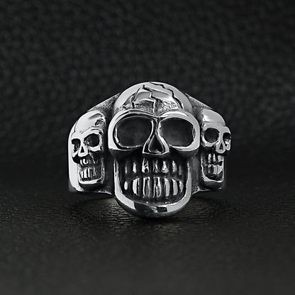 Stainless Steel Polished Cracked Triple Skulls Ring