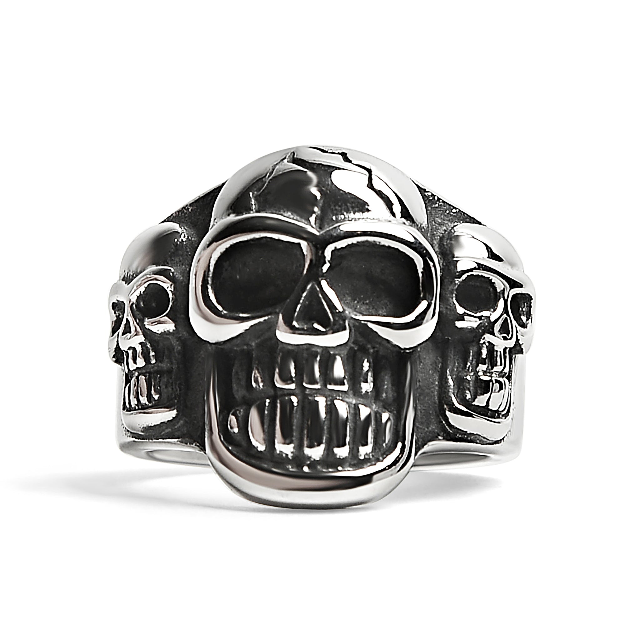 Stainless Steel Polished Cracked Triple Skulls Ring
