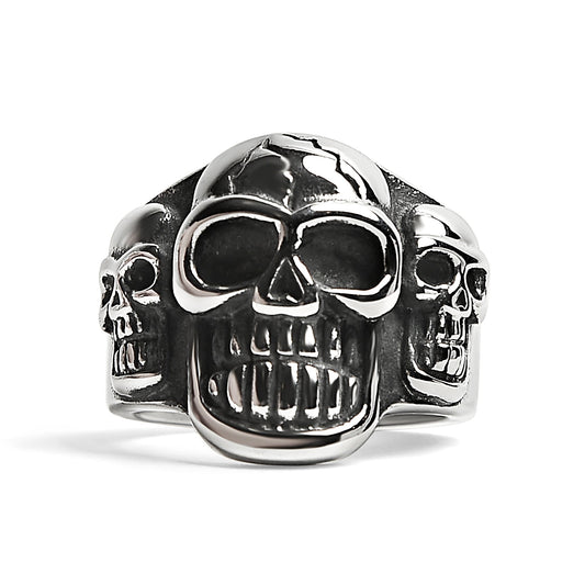 Stainless Steel Polished Cracked Triple Skulls Ring