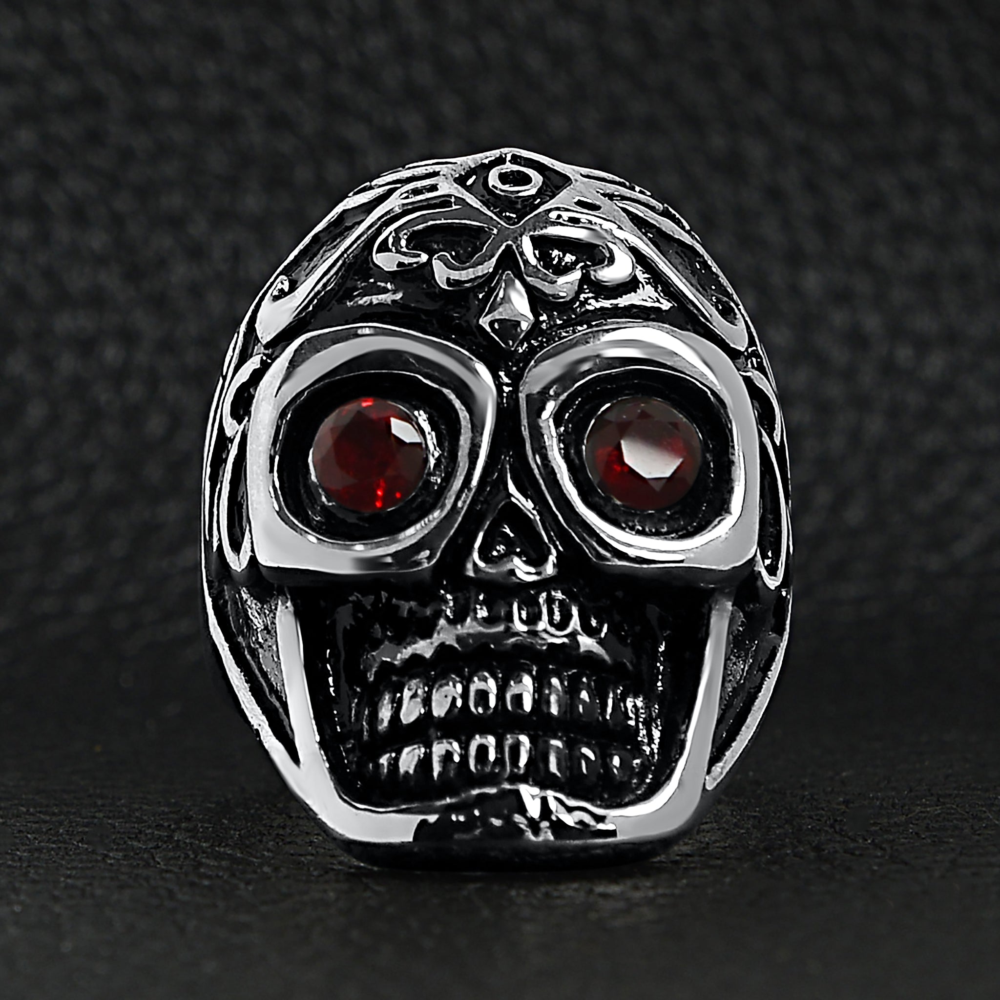 Detailed Skull With Red CZ Eyes Stainless Steel Polished Ring
