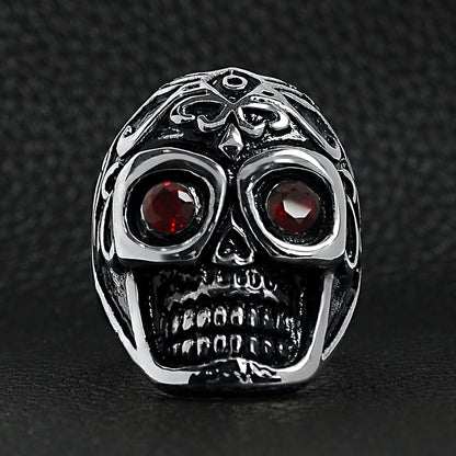 Detailed Skull With Red CZ Eyes Stainless Steel Polished Ring
