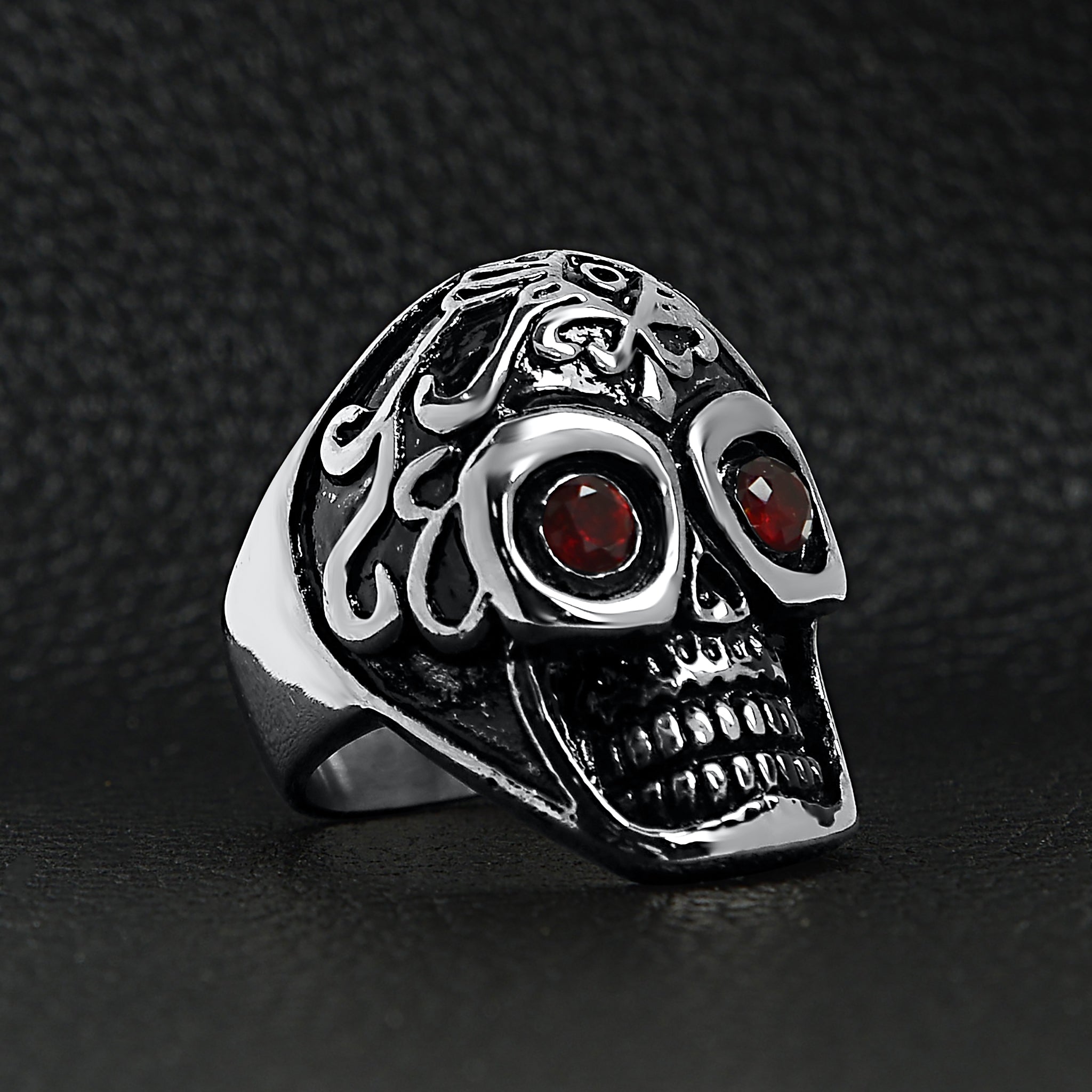 Detailed Skull With Red CZ Eyes Stainless Steel Polished Ring