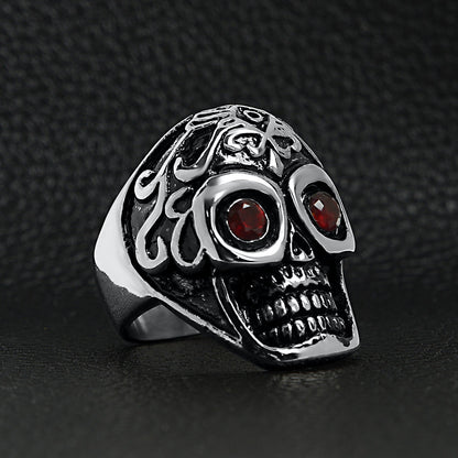 Detailed Skull With Red CZ Eyes Stainless Steel Polished Ring