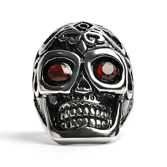 Detailed Skull With Red CZ Eyes Stainless Steel Polished Ring