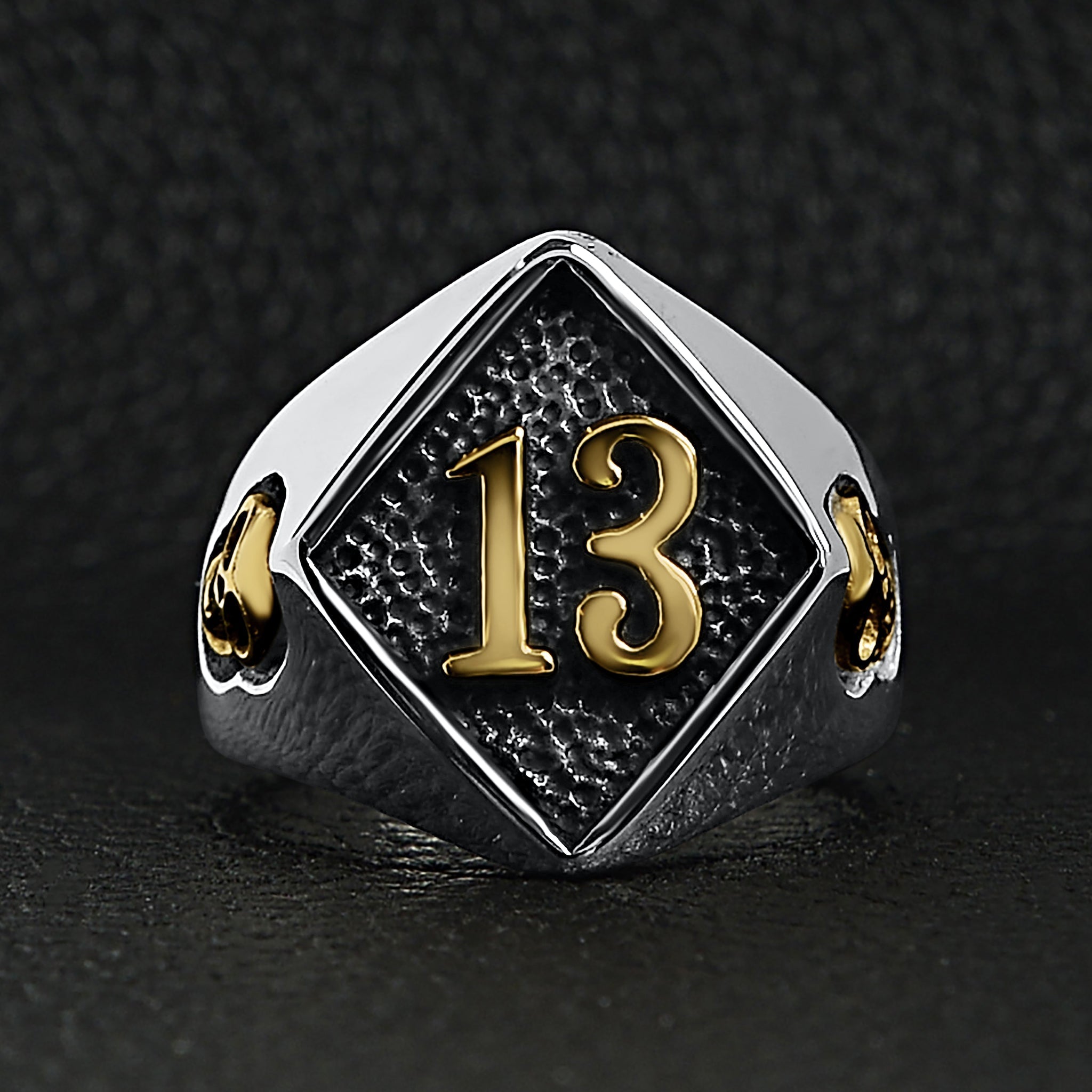 Stainless Steel 18K Gold PVD Coated Accents "13" and Skulls Signet Ring