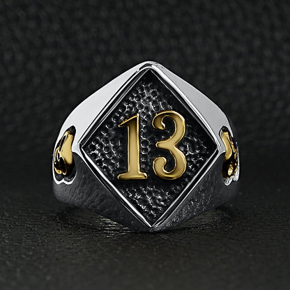 Stainless Steel 18K Gold PVD Coated Accents "13" and Skulls Signet Ring