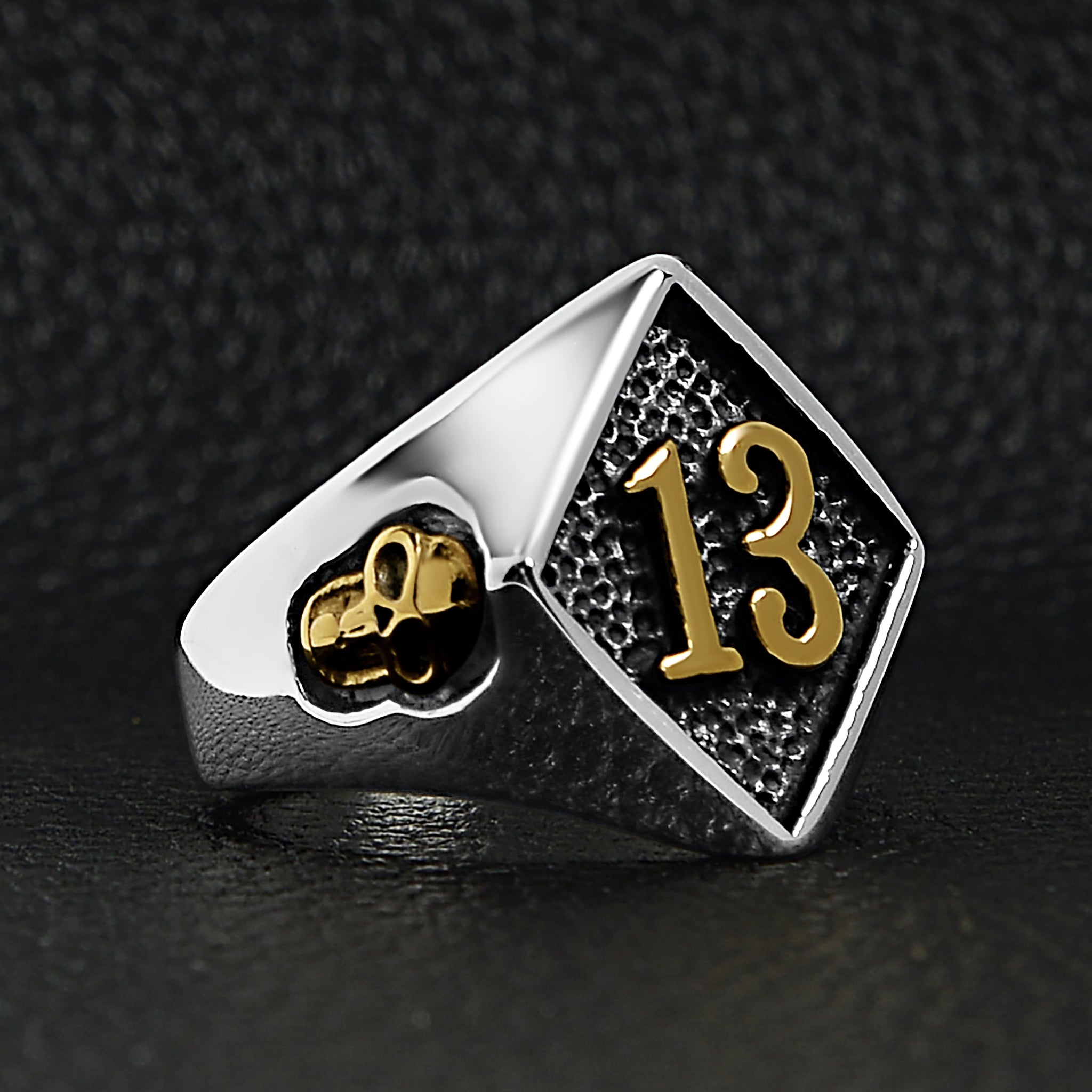 Stainless Steel 18K Gold PVD Coated Accents "13" and Skulls Signet Ring