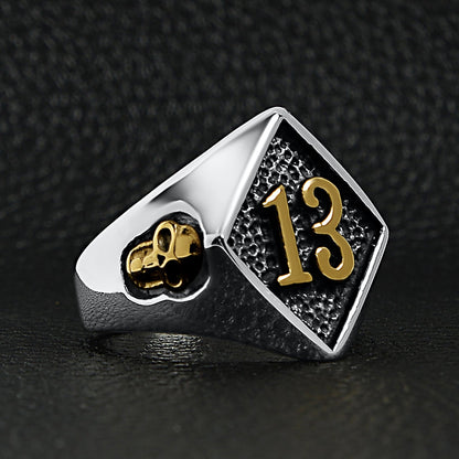 Stainless Steel 18K Gold PVD Coated Accents "13" and Skulls Signet Ring