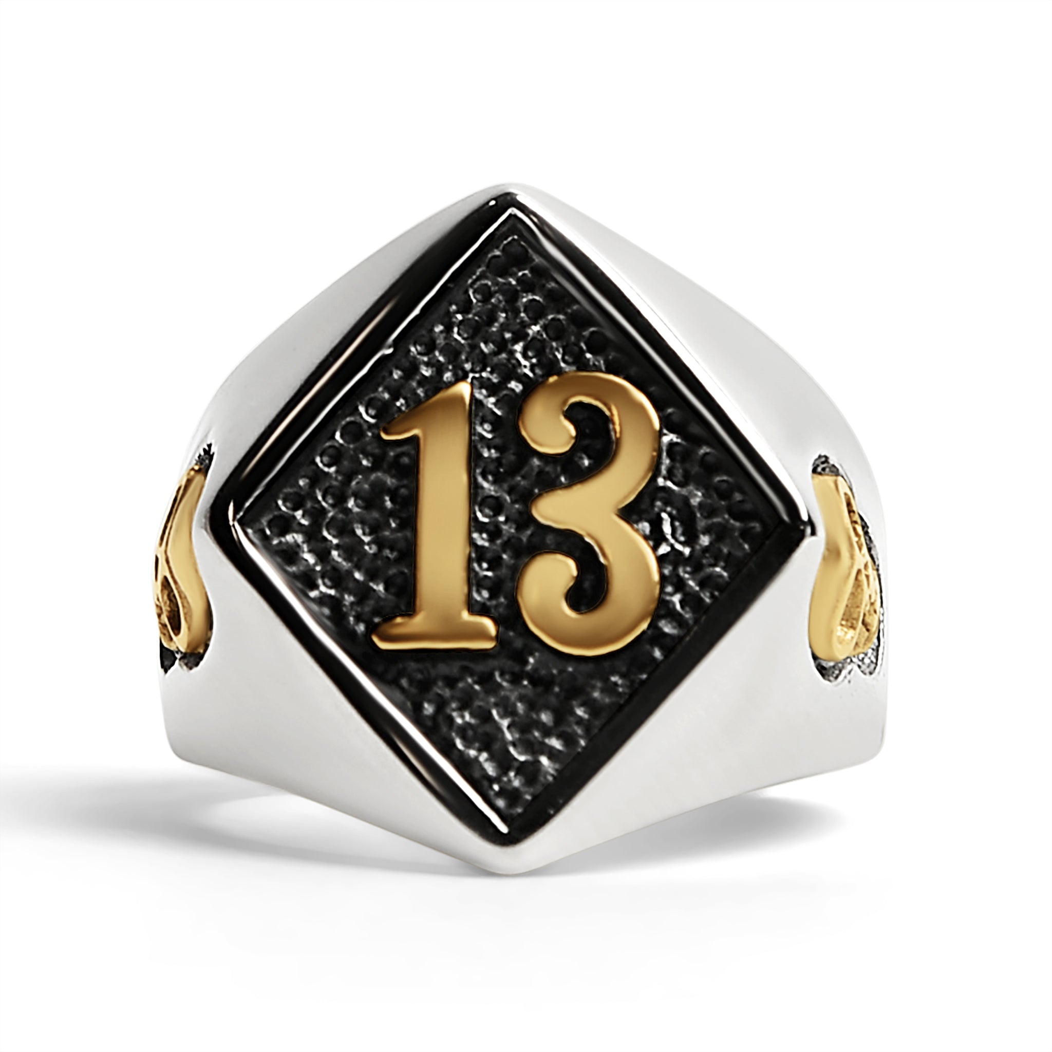 Stainless Steel 18K Gold PVD Coated Accents "13" and Skulls Signet Ring