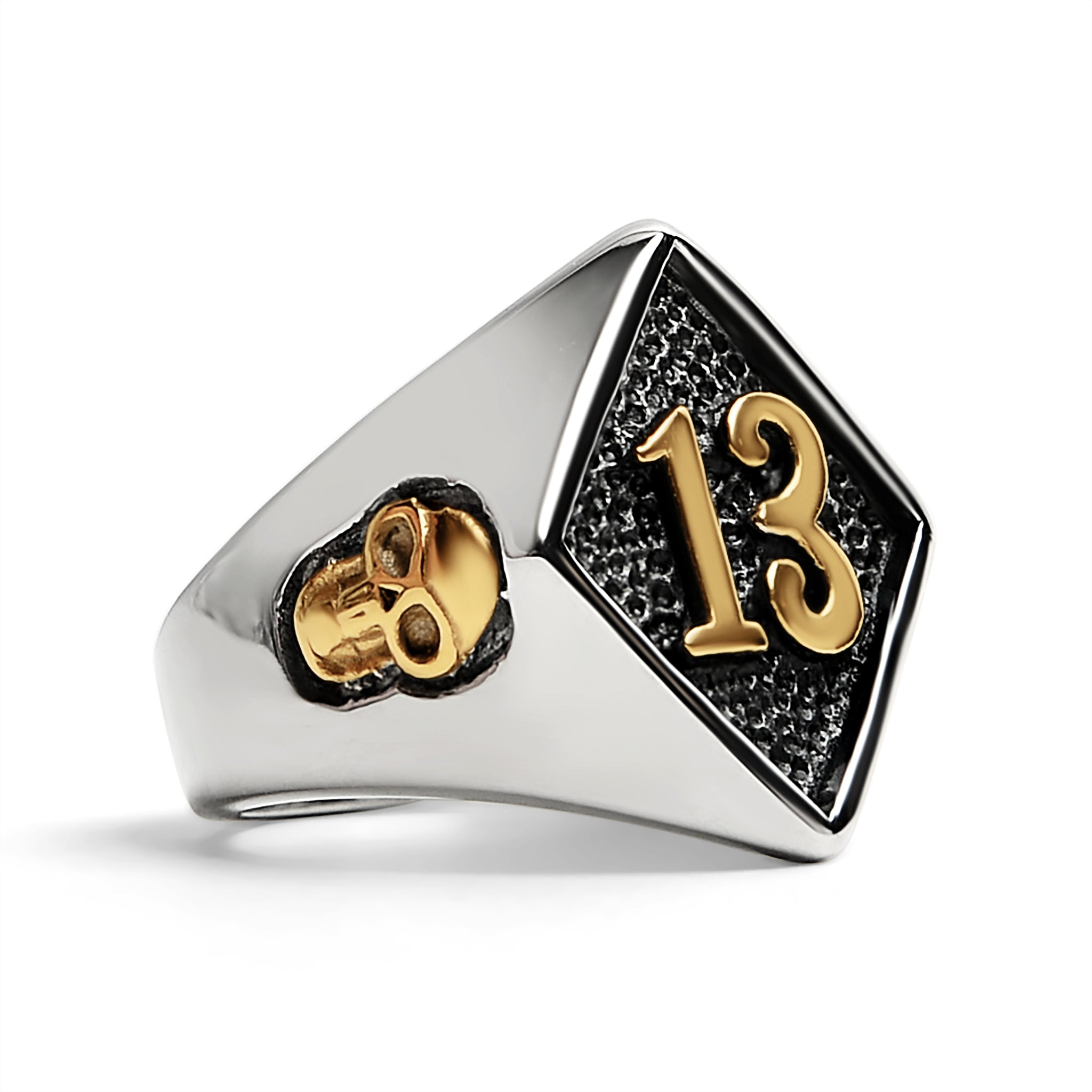 Stainless Steel 18K Gold PVD Coated Accents "13" and Skulls Signet Ring