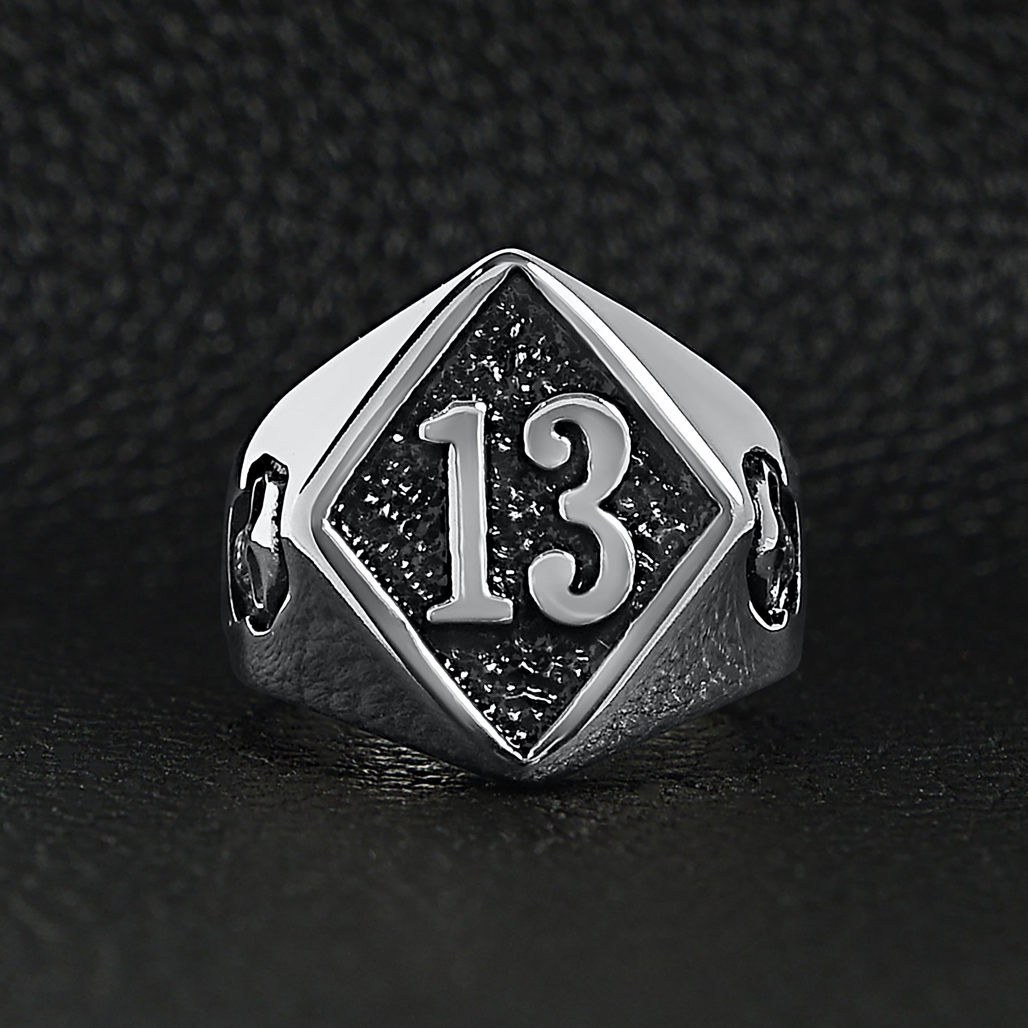 Stainless Steel "13" and Skulls Signet Ring