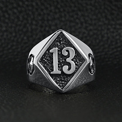 Stainless Steel "13" and Skulls Signet Ring