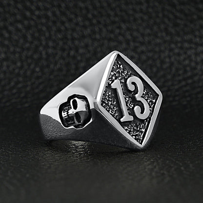 Stainless Steel "13" and Skulls Signet Ring