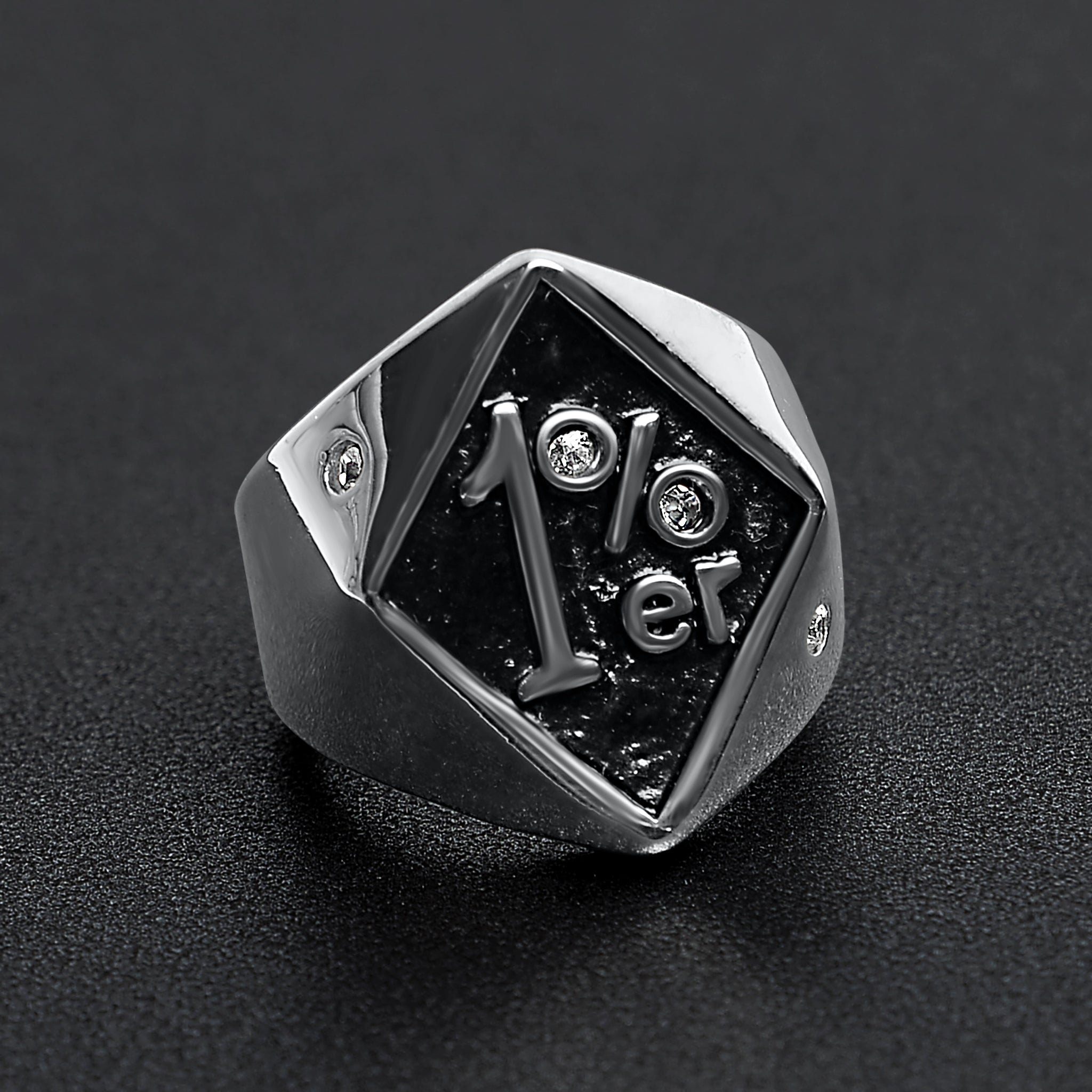Stainless Steel "1%er" with CZ Accents Signet Ring