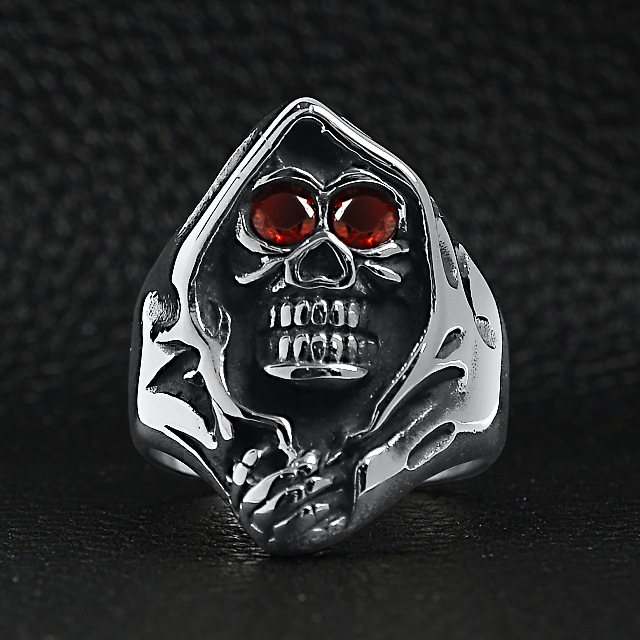 Stainless Steel Red CZ Eyed Grim Reaper Ring
