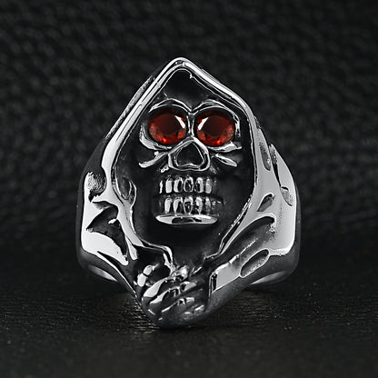 Stainless Steel Red CZ Eyed Grim Reaper Ring