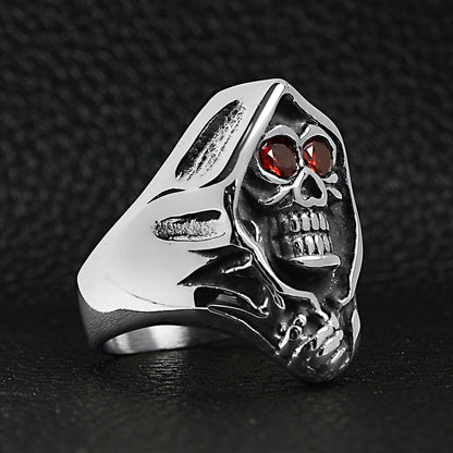 Stainless Steel Red CZ Eyed Grim Reaper Ring