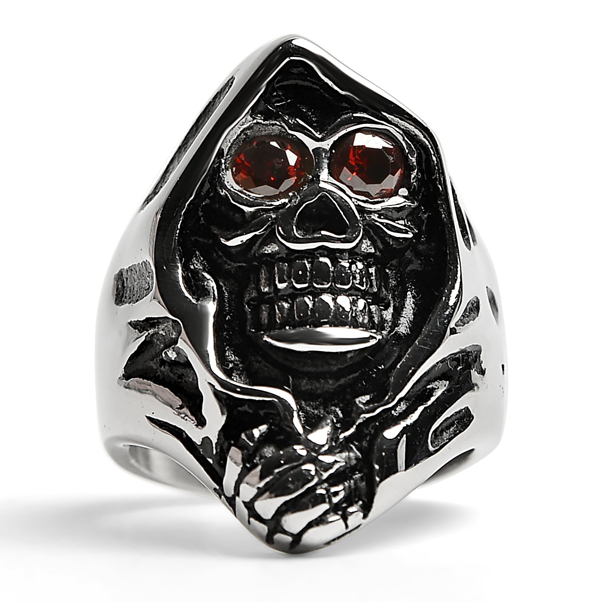 Stainless Steel Red CZ Eyed Grim Reaper Ring