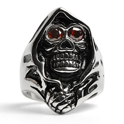 Stainless Steel Red CZ Eyed Grim Reaper Ring