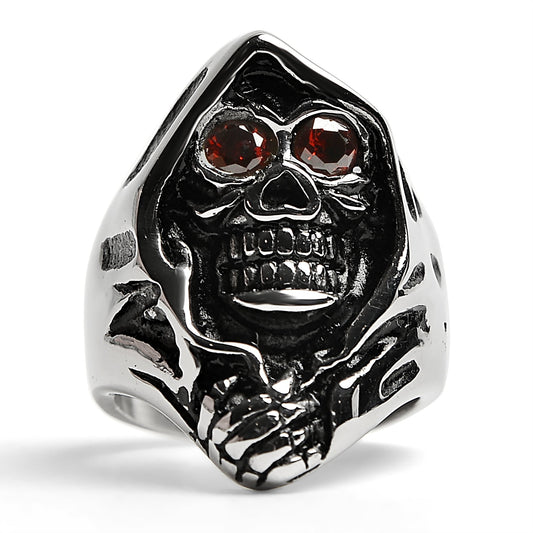 Stainless Steel Red CZ Eyed Grim Reaper Ring