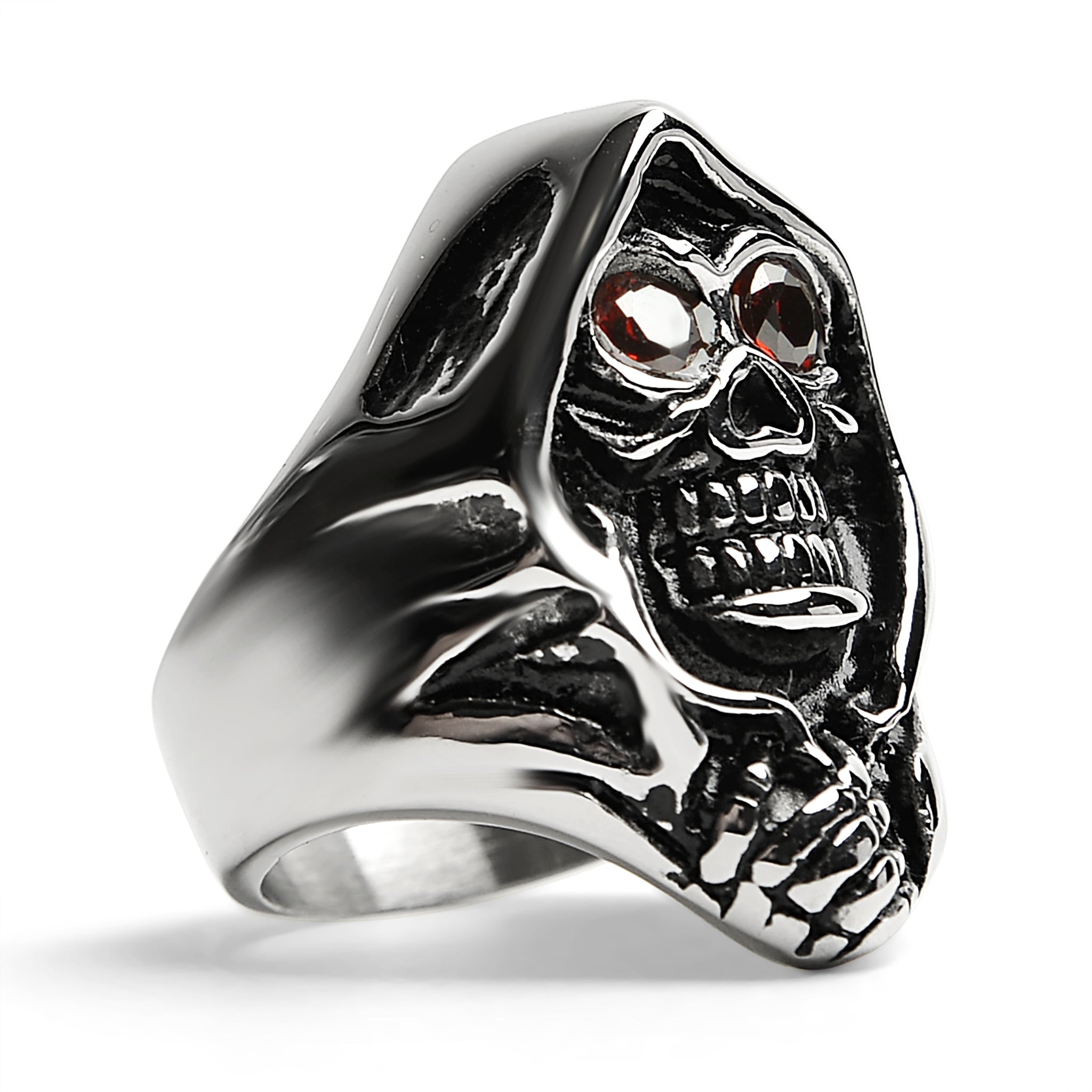 Stainless Steel Red CZ Eyed Grim Reaper Ring