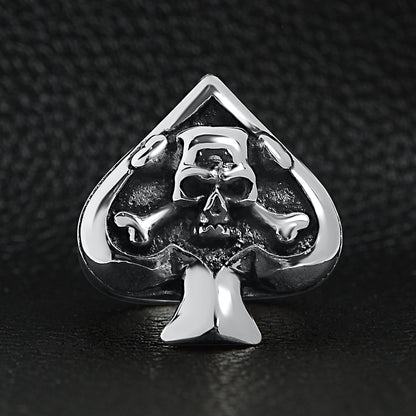 Stainless Steel Polished Skull of Spades Ace Signet Ring