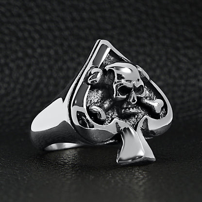Stainless Steel Polished Skull of Spades Ace Signet Ring