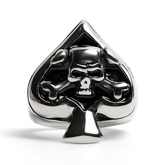 Stainless Steel Polished Skull of Spades Ace Signet Ring