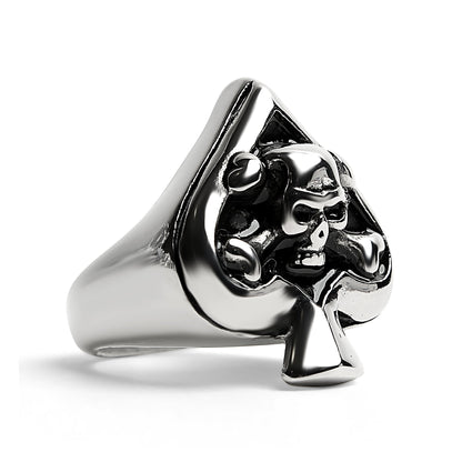 Stainless Steel Polished Skull of Spades Ace Signet Ring