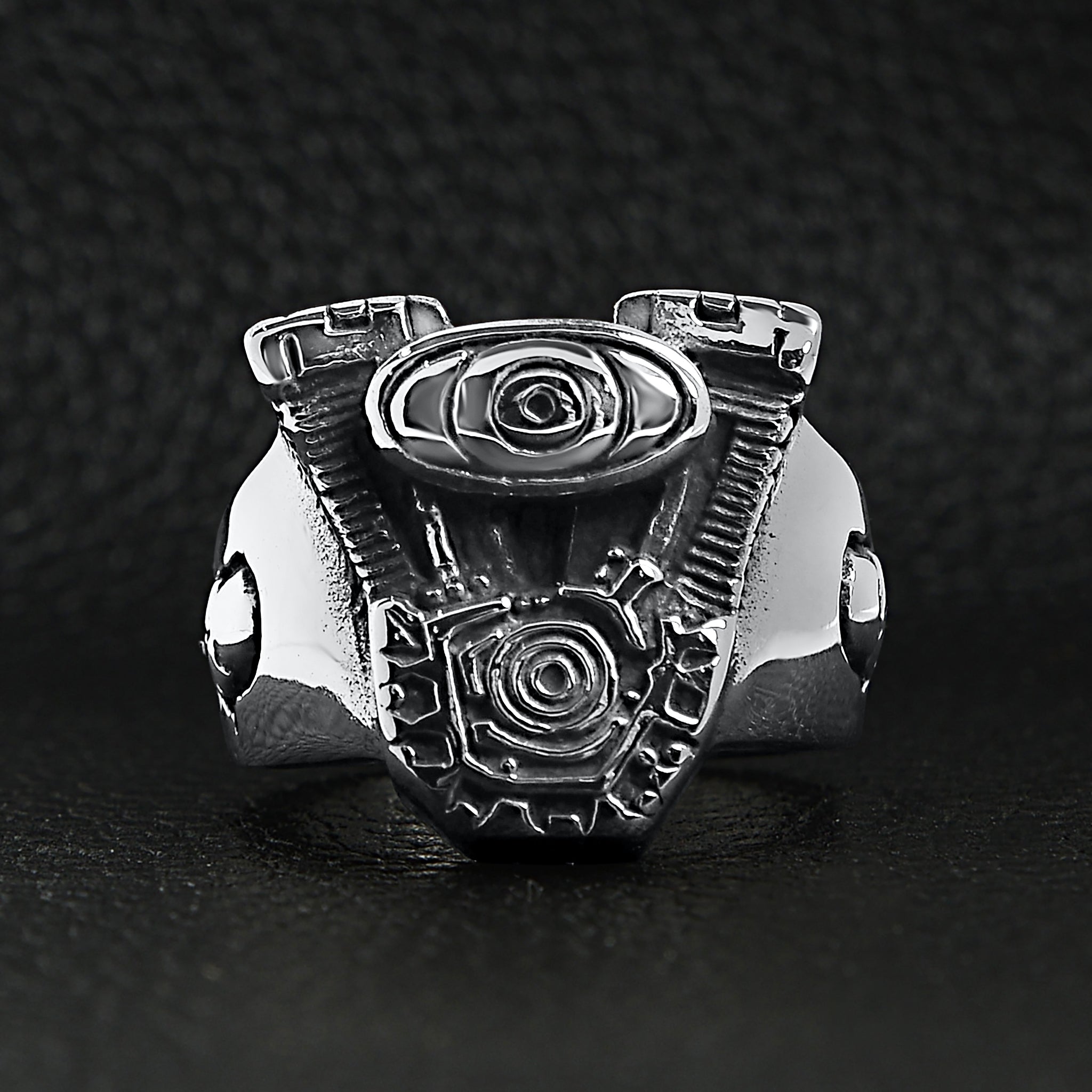 Stainless Steel Motorcycle Engine With Skull Accents Ring