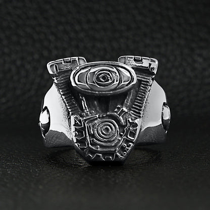 Stainless Steel Motorcycle Engine With Skull Accents Ring