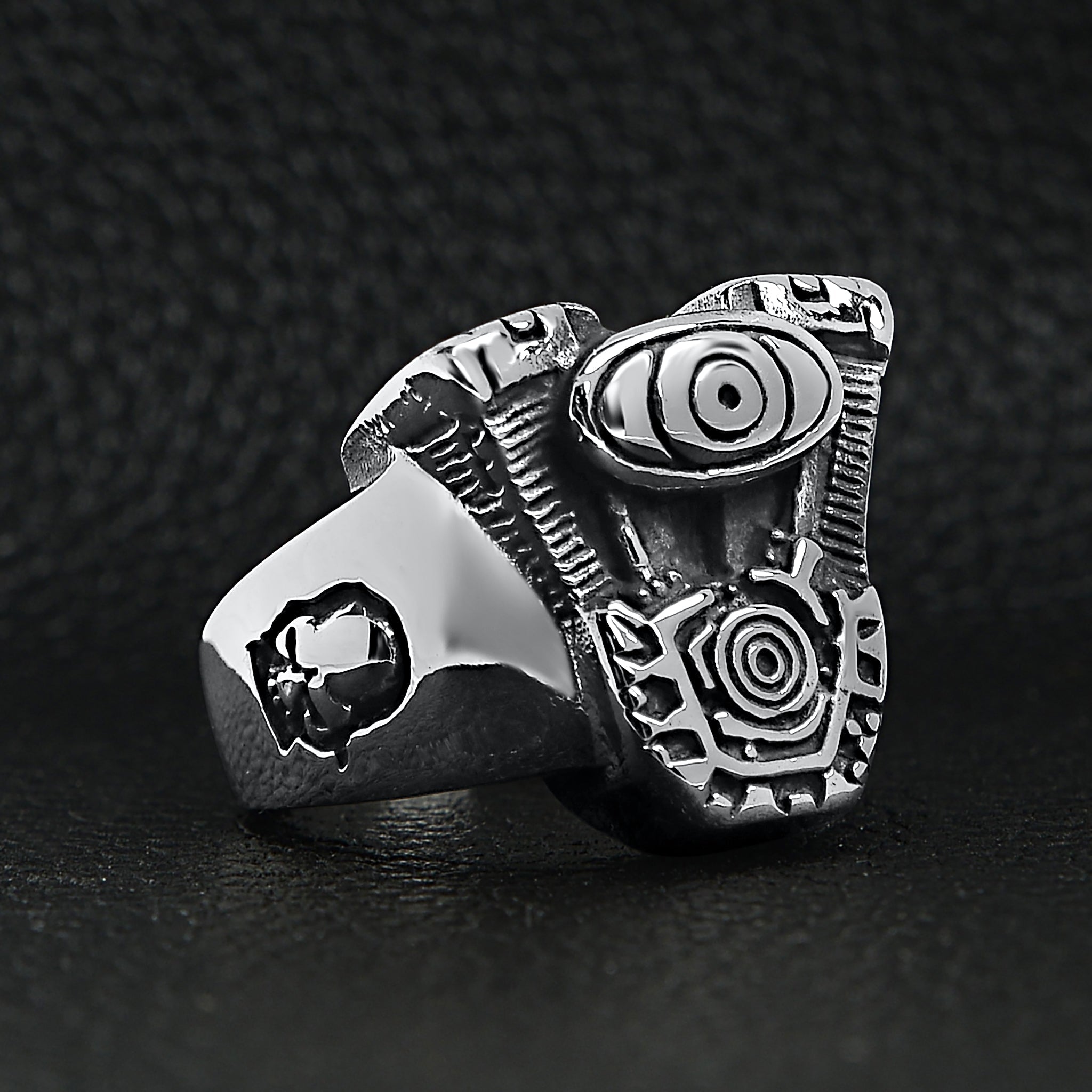 Stainless Steel Motorcycle Engine With Skull Accents Ring