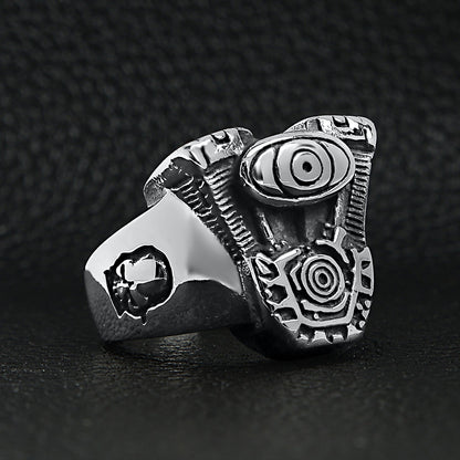 Stainless Steel Motorcycle Engine With Skull Accents Ring